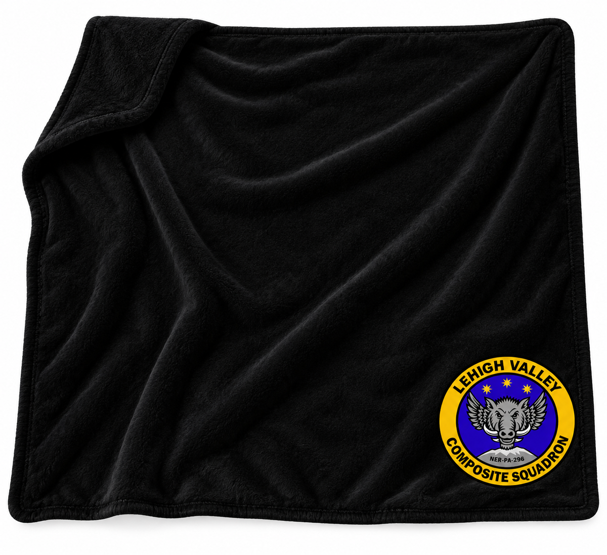 Manta fleece negra de Lehigh Valley Composite Squadron con logo oficial en una esquina