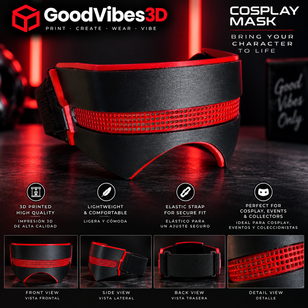 GoodVibes3D black and red 3D printed cosplay mask