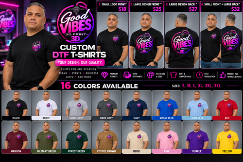 Illustrative GoodVibes3D DTF t-shirt catalog with black hero shirt, four placement options, and sixteen color mockups