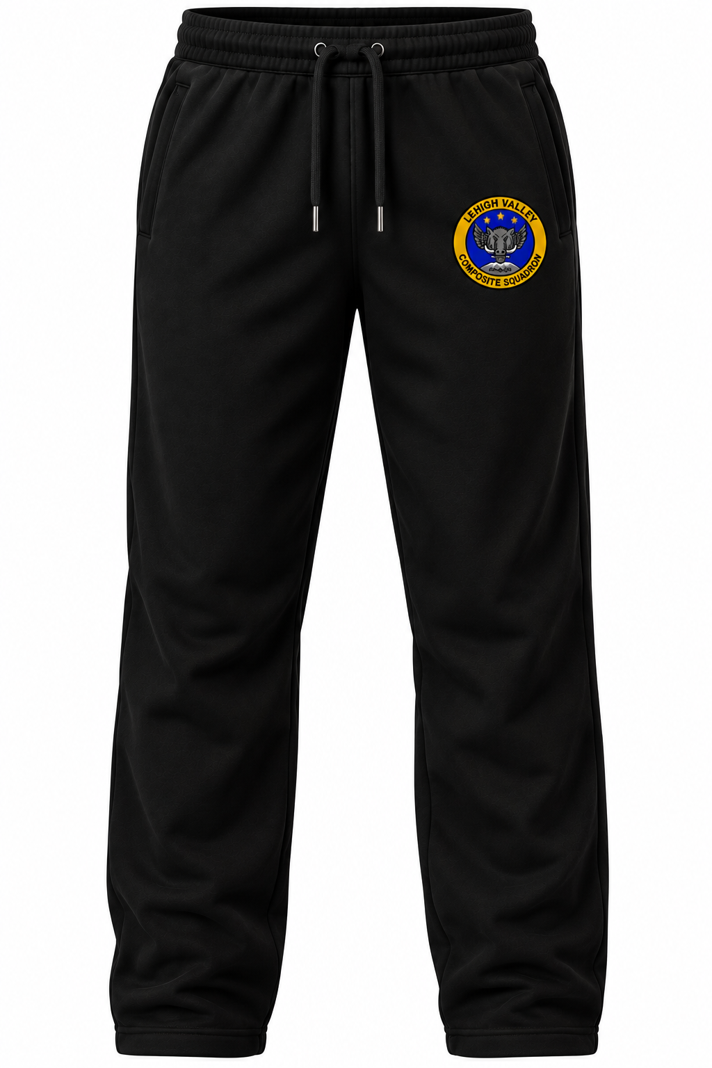 Sweatpants negros CAP con logo del escuadrón en el muslo, vista frontal